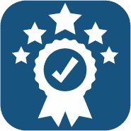 Certified roof inspection badge with stars and checkmark for quality assurance.