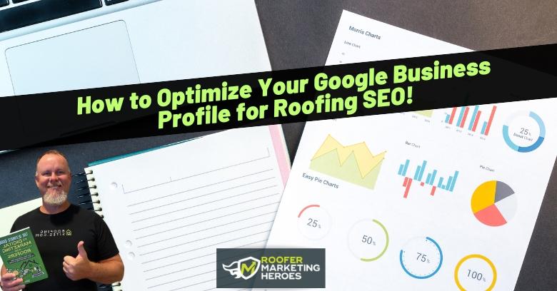 Marketing materials for roofing SEO with charts, graphs, and a smiling man giving a thumbs-up.