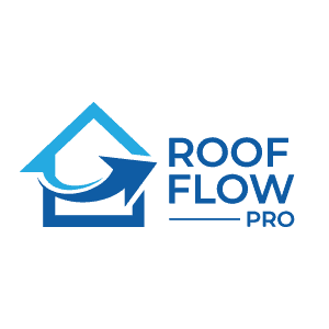 Roof Flow Pro logo with house outline and arrow, blue color, on a white background.
